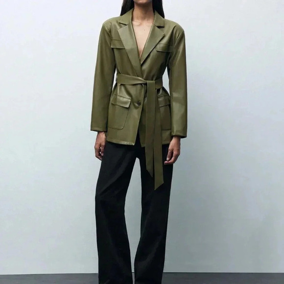 Army Green Elegant Women's Front Button Pocket Belted Long Sleeve Blazer Jacket - Picture 4 of 8